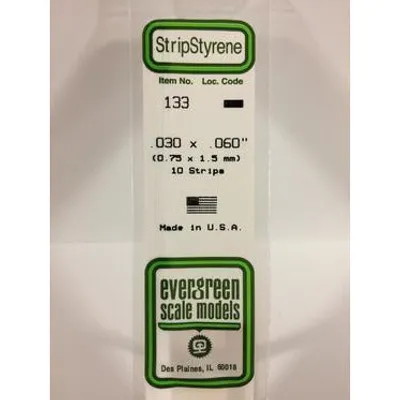 Evergreen #133 Styrene Strips: Dimensional 10 pack 0.030" (0.75mm) x 0.060" (1.5mm) x 14" (35cm)