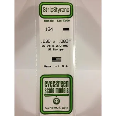 Evergreen #134 Styrene Strips: Dimensional 10 pack 0.030" (0.75mm) x 0.080" (2.0mm) x 14" (35cm)