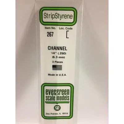 Evergreen #267 Styrene Shapes: Channel 3 pack 0.250" (6.3mm) x W: 0.250" (2.0mm) x FT: 0.018" (0.46mm) x WT: 026" (0.66mm)