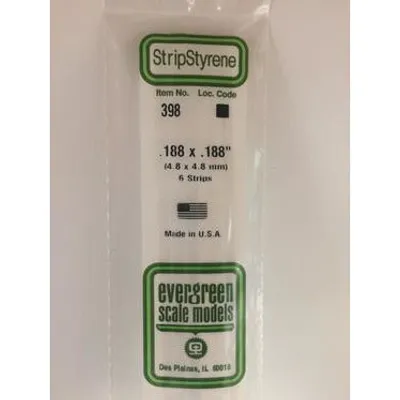 Evergreen #398 Styrene Strips: Dimensional 6 pack 0.188" (4.8mm) x 0.188" (4.8mm) x 24" (60cm)