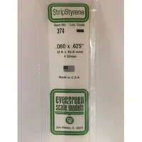 Evergreen #374 Styrene Strips: Dimensional 4 pack 0.080" (2.0mm) x 0.625" (15.8mm) x 24" (60cm)