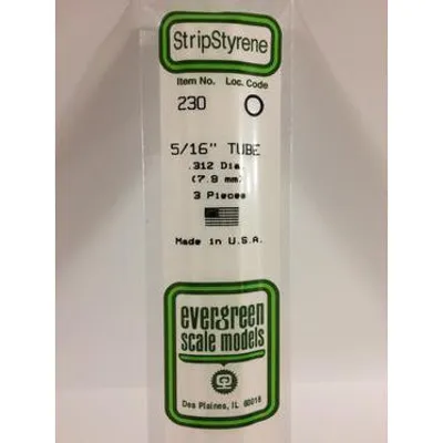 Evergreen #230 Styrene Tubes: Round 5/16" 3 pack 0.312" (7.9mm) OD x 14" (35cm)