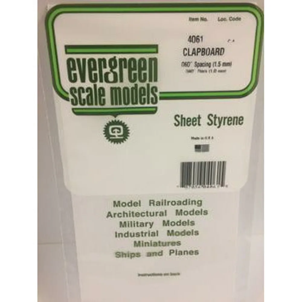Evergreen #4061 Styrene Siding: Clapboard 0.060" (1.5 mm) Spacing x 0.040" (1.0mm) Thick 6" x 12"