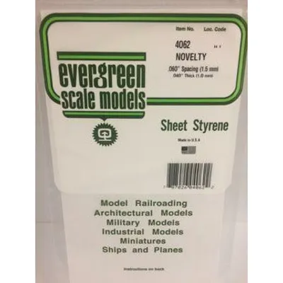 Evergreen #4062 Styrene Siding: Novelty 0.060" (1.5mm) Spacing x 0.040" (0.75mm) Thick 6" x 12"
