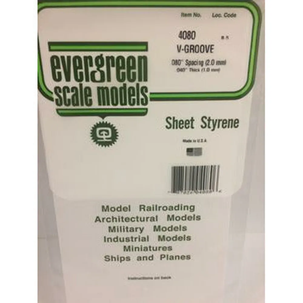 Evergreen #4080 Styrene Siding: 0.040" V-Groove 0.080" (2.0mm) Spacing 6" x 12"