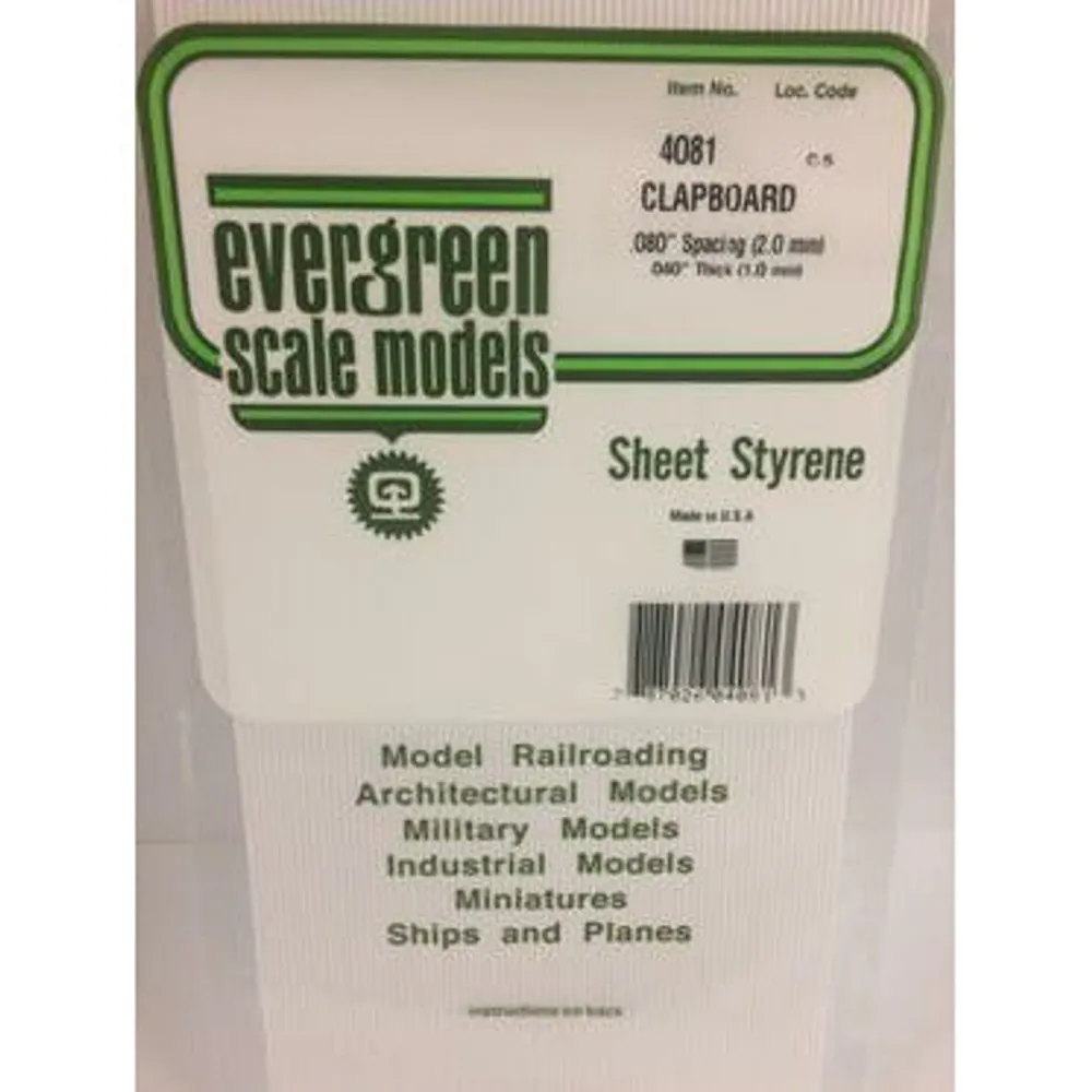 Evergreen #4081 Styrene Siding: Clapboard 0.080" (2.0 mm) Spacing x 0.040" (1.0mm) Thick 6" x 12"