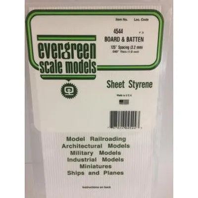 Evergreen #4544 Styrene Siding: Board and Batten 0.125" (32.mm) Groove Spacing (Board), .025" (62mm) Rib Width (Batten)