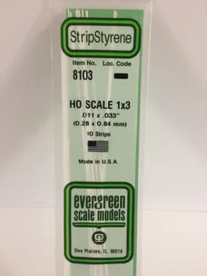 Evergreen #8103 - .011" X .033" Opaque White Polystyrene Ho Scale Strips (1x3)