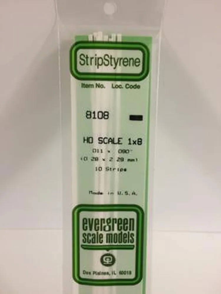 Evergreen #8108 - .011" X .090" Opaque White Polystyrene Ho Scale Strips (1x8)