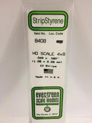 Evergreen #8408 - .043" X .090" / 1.1mm X 2.3mm Opaque White Polystyrene Ho Scale Strips (4x8)