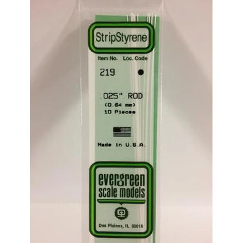 Evergreen #219 Styrene Rods: 10 pack 0.025" (0.64mm) OD x 14" (35cm)