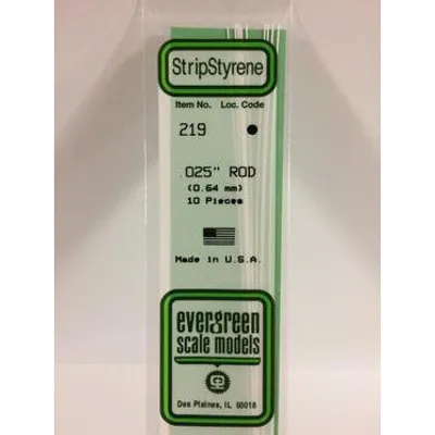 Evergreen #219 Styrene Rods: 10 pack 0.025" (0.64mm) OD x 14" (35cm)