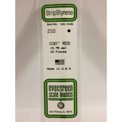 Evergreen #210 Styrene Rods: 10 pack 0.030" (0.75mm) OD x 14" (35cm)