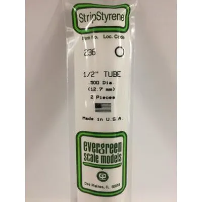 Evergreen #236 Styrene Tubes: Round 1/2" 2 pack 0.500" (12.7mm) OD x 14" (35cm)