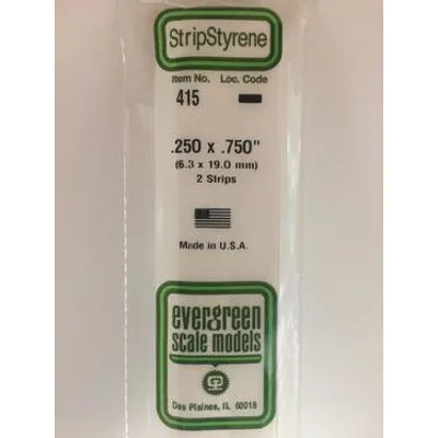 Evergreen #415 Styrene Strips: Dimensional 2 pack 0.250" (6.3mm) x 0.750" (19.0mm) x 24" (60cm)