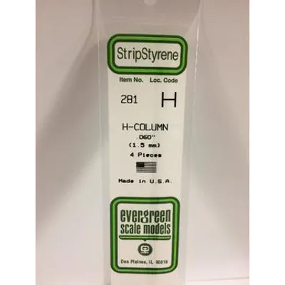 Evergreen #281 Styrene Shapes: H-Column 4 pack 0.060" (1.5mm) x W: 0.060" (1.5mm) x FT: 0.009" (0.22mm) x WT: 0.017" (0.43mm)