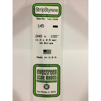 Evergreen #145 Styrene Strips: Dimensional 10 pack 0.040" (1.0mm) x 0.100" (2.5mm) x 14" (35cm)