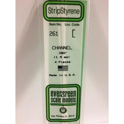 Evergreen #261 Styrene Shapes: Channel 4 pack 0 .060" (1.5mm) x W: 0.037" (0.94mm) x FT: 0.009" (0.23mm) x WT: 0.017" (0.43mm)