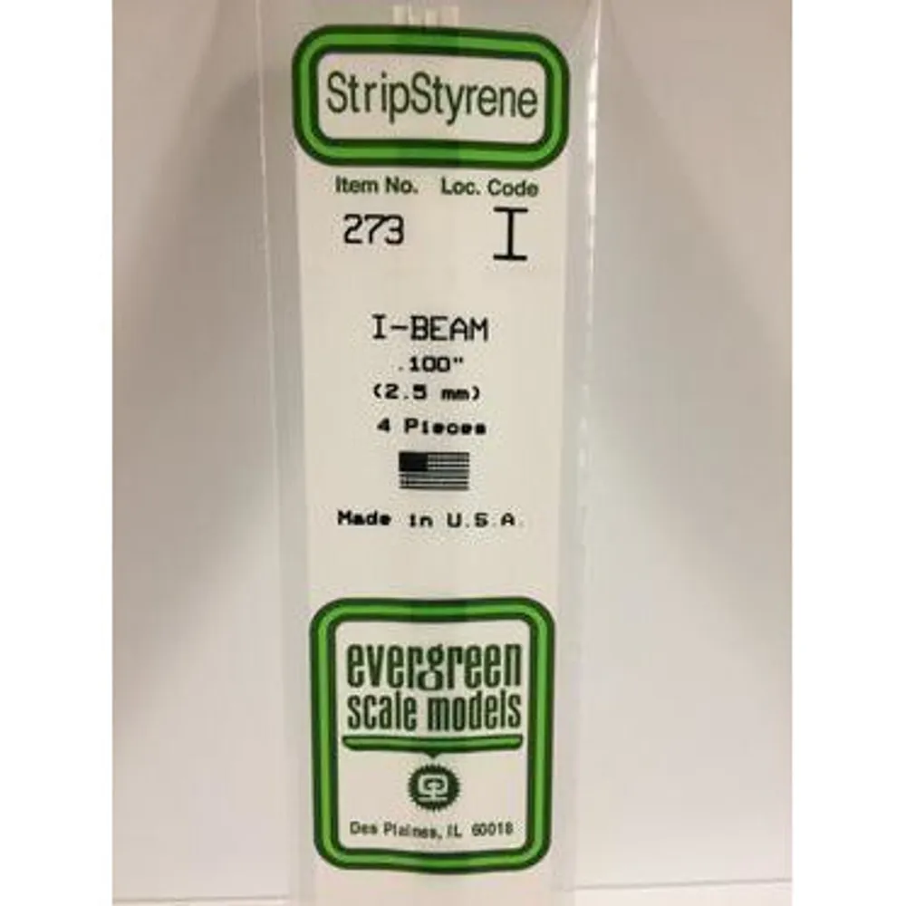 Evergreen #273 Styrene Shapes: I-Beam 4 pack 0.100"" (2.5mm) x W: 0.060" (1.5mm) x FT: 0.010" (0.25mm) x WT: 0.018" (0.46mm)