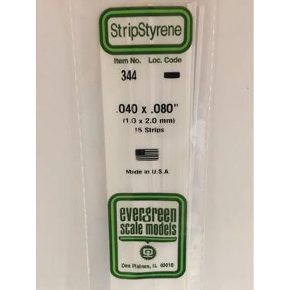 Evergreen #344 Styrene Strips: Dimensional 15 pack 0.040" (1.0mm) x 0.080" (2.0mm) X 24" (60cm)