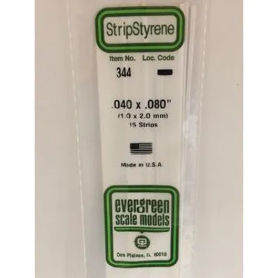 Evergreen #344 Styrene Strips: Dimensional 15 pack 0.040" (1.0mm) x 0.080" (2.0mm) X 24" (60cm)