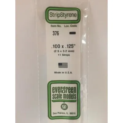 Evergreen #376 Styrene Strips: Dimensional 11 pack 0.100" (2.5mm) x 0.125" (3.2mm) x 24" (60cm)