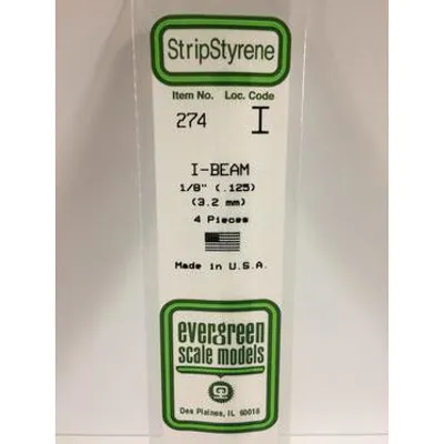 Evergreen #274 Styrene Shapes: I-Beam 1/8" 4 pack 0.125" (3.2mm) x W: 0.069" (1.8mm) x FT: 0.011" (0.28mm) x WT: 0.019" (0.48mm)