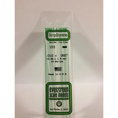Evergreen #103 Styrene Strips: Dimensional 10 pack 0.010" (0.25mm) x 0.060" (1.5mm) x 14" (35cm)
