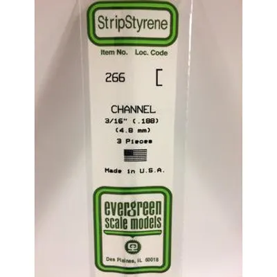Evergreen #266 Styrene Shapes: Channel 3 pack 0.188" (4.8mm) x W: 0.062" (1.6mm) x FT: 0.016" (0.041mm) x WT: 0.024" (0.061mm)
