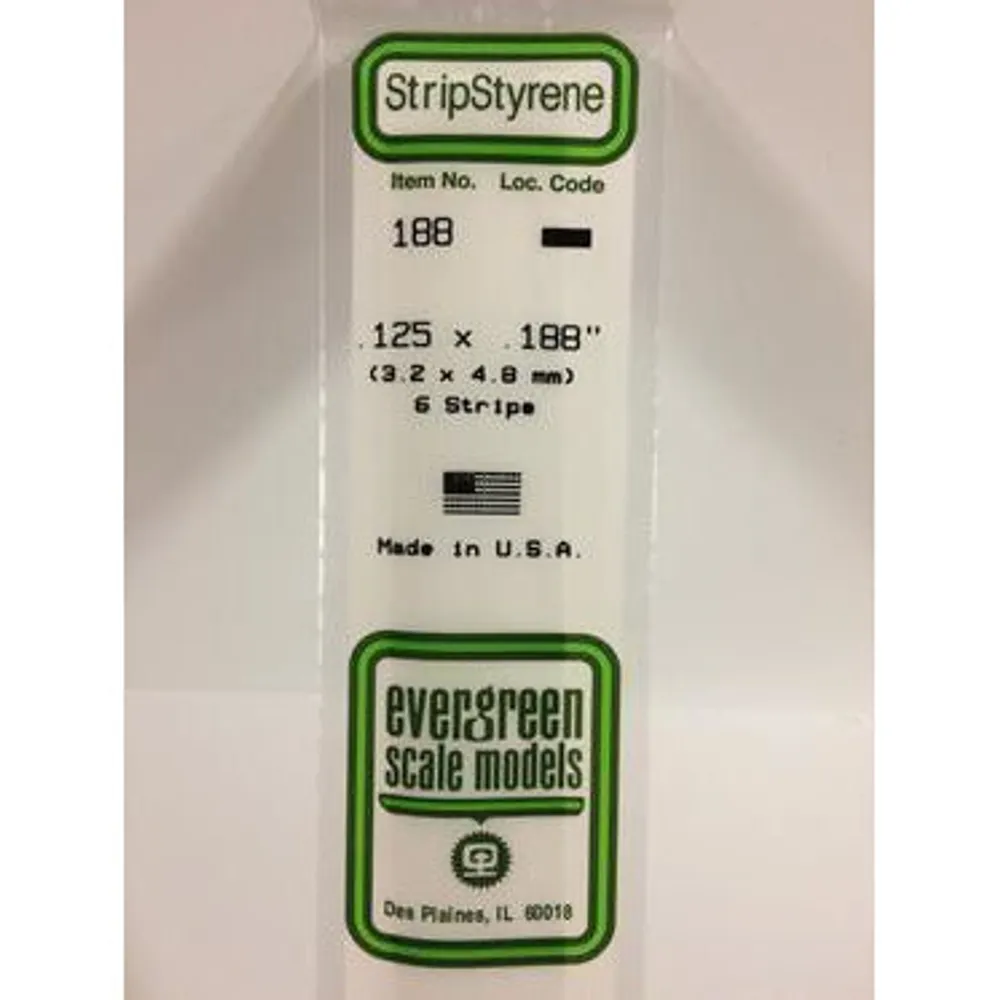 Evergreen #188 Styrene Strips: Dimensional 6 pack 0.125" (3.2mm) x 0.188" (4.8mm) x 14" (35cm)