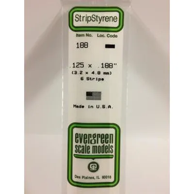 Evergreen #188 Styrene Strips: Dimensional 6 pack 0.125" (3.2mm) x 0.188" (4.8mm) x 14" (35cm)