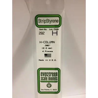 Evergreen #282 Styrene Shapes: H-Column 4 pack 0.080" (2.0mm) x W: 0.073" (1.9mm) x FT: 0.009" (0.22mm) x WT: 0.018" (0.45mm)