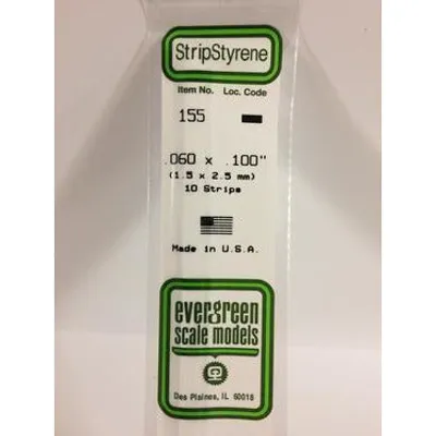 Evergreen #155 Styrene Strips: Dimensional 10 pack 0.060" (1.5mm) x 0.100" (2.5mm) x 14" (35cm)