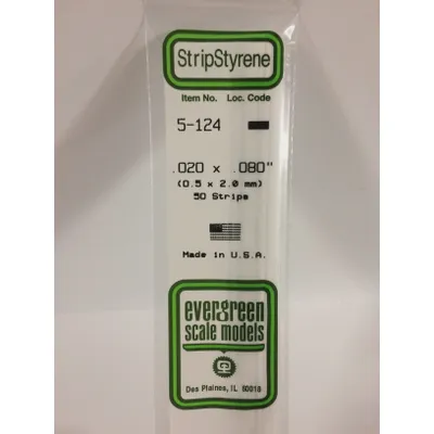 Evergreen #124 Styrene Strips: Dimensional 50 pack 0.020" (0.5mm) x 0.080" (2.0mm) x 14" (35cm)