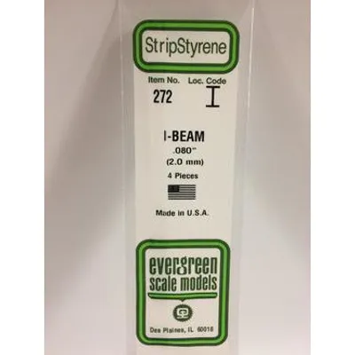 Evergreen #272 Styrene Shapes: I-Beam 4 pack 0.080" (2.0mm) x W: 0.051" (1.3mm) x FT: 0.009" (0.23mm) x WT: 0.017" (0.43mm)