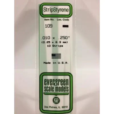 Evergreen #109 Styrene Strips: Dimensional 10 pack 0.010" (0.25mm) x 0.250" (6.3mm) x 14" (35cm)