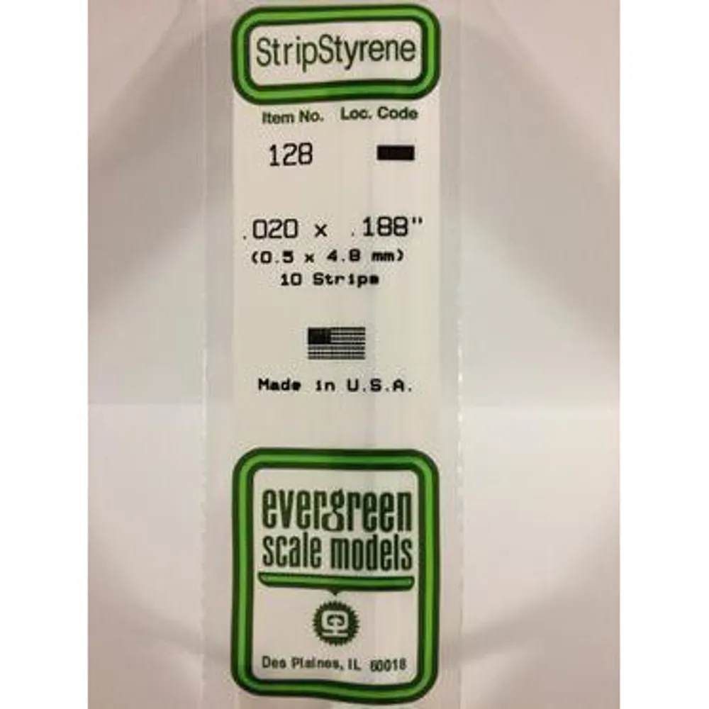 Evergreen #128 Styrene Strips: Dimensional 10 pack 0.020" (0.50mm) x 0.188" (4.8mm) x 14" (35cm)