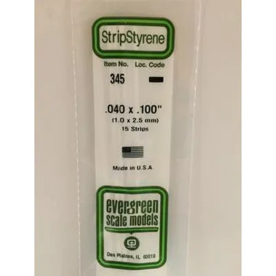 Evergreen #345 Styrene Strips: Dimensional 15 pack 0.040" (1.0mm) x 0.100" (2.5mm) X 24" (60cm)
