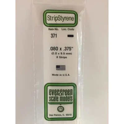 Evergreen #371 Styrene Strips: Dimensional 8 pack 0.080" (2.0mm) x 0.375" (9.5mm) x 24" (60cm)