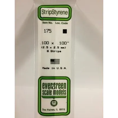 Evergreen #175 Styrene Strips: Dimensional 8 pack 0.100" (2.5mm) x 0.100" (2.5mm) x 14" (35cm)