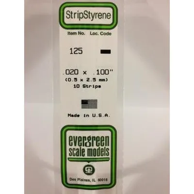Evergreen #125 Styrene Strips: Dimensional 10 pack 0.020" (0.50mm) x 0.100" (2.50mm) x 14" (35cm)