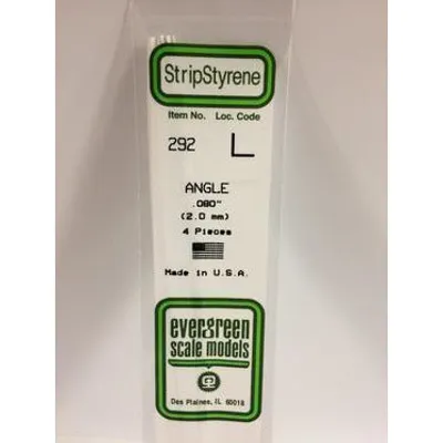 Evergreen #292 Styrene Shapes: Angle 4 pcs 0.080" (2.0mm) x 0.080" (2.0mm) x 0.16" (0.40mm) Thick