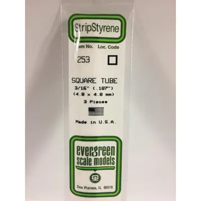 Evergreen #253 Styrene Tubes: Square 3/16" 3 pack 0.187" (4.8mm) x 14" (35cm)