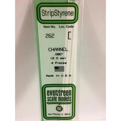 Evergreen #262 Styrene Shapes: Channel 4 pack 0.080" (2.0mm) x W: 0.038" (0.97mm) x FT: 0.009" (0.23mm) x WT: 0.018" (0.46mm)