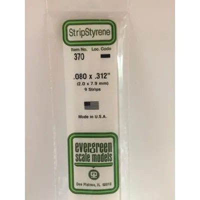 Evergreen #370 Styrene Strips: Dimensional 9 pack 0.080" (2.0mm) x 0.312" (7.9mm) x 24" (60cm)