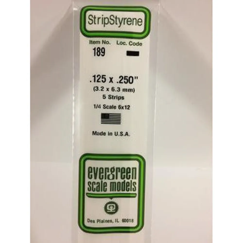 Evergreen #189 Styrene Strips: Dimensional 5 pack 0.125" (3.2mm) x 0.250" (6.3mm) x 14" (35cm)