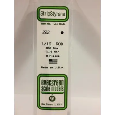 Evergreen #222 Styrene Rods: 1/16" 10 pack 0.062" (1.6mm) OD x 14" (35cm)