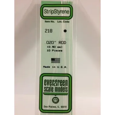 Evergreen #218 Styrene Rods: 10 pack 0.020" (0.5mm) OD x 14" (35cm)