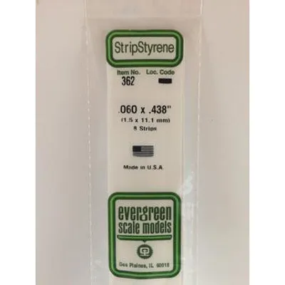 Evergreen #362 Styrene Strips: Dimensional 8 pack 0.060" (1.5mm) x 0.438" (11.1mm) x 24" (60cm)