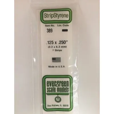Evergreen #389 Styrene Strips: Dimensional 7 pack 0.125" (3.2mm) x 0.250" (6.3mm) x 24" (60cm)